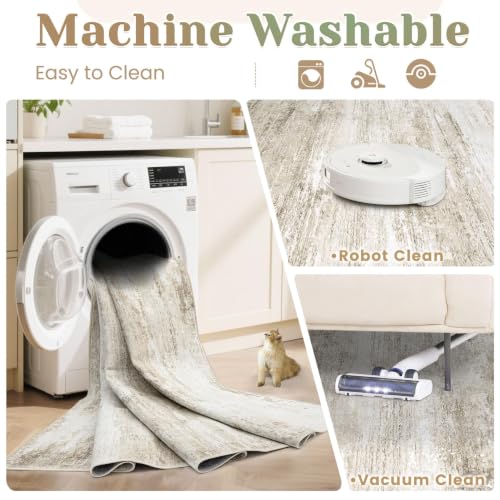 Beige 5x7 Machine Washable Area Rug - Soft Modern Abstract Non Slip Carpet for Living Room Bedroom Kitchen Nursery Office