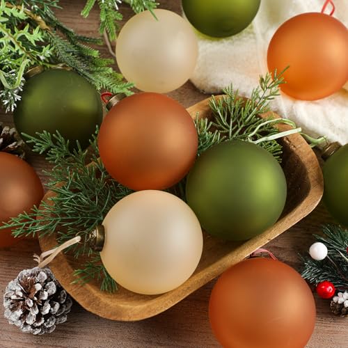 Soulchen 24-Pack 3.15 Inch Neutral Frosted Glass Christmas Ornaments - Beige, Light Brown, Green, Vintage Rustic Style