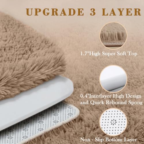 Beige 8x10 Shaggy Plush Area Rug - Large Furry Carpet for Living Room
