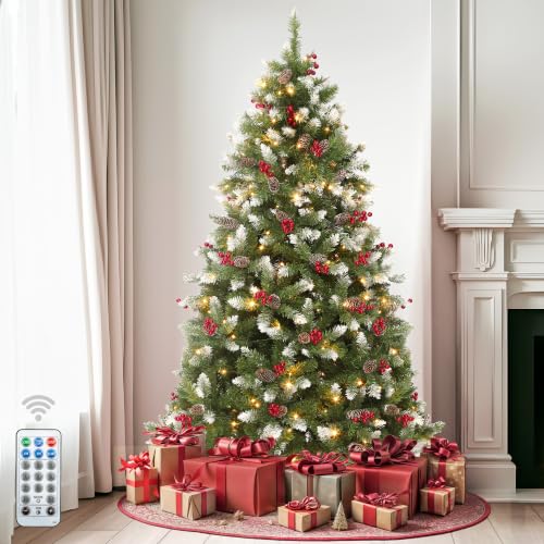 DWVO 9ft Pre-Lit Christmas Tree with Pine Cones & Red Berries, 2058 Tips, 900 Lights, Green with Pine Cone & 8ft 11in Variation