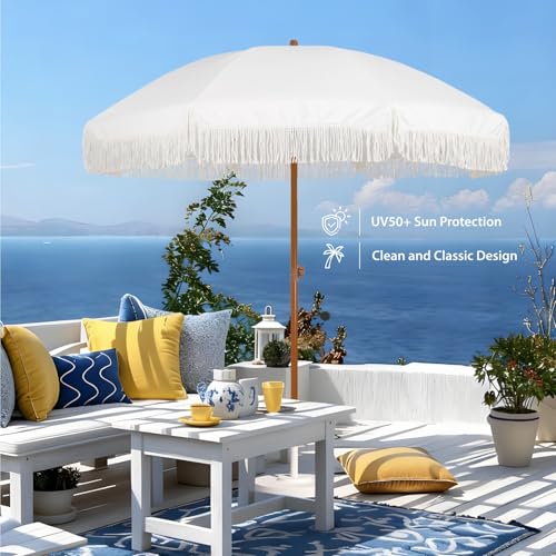 7ft Outdoor Patio Umbrella with Fringe & UPF50+ Sun Protection - Cream White