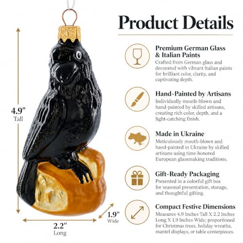 Black Crow Glass Christmas Ornament - Hand-Painted Ukrainian Holiday Decor