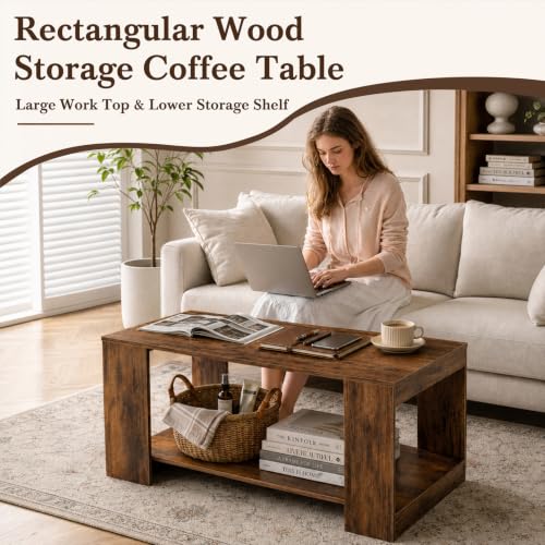 Coffee Table for Living Room - 39-Inch 2-Tier Wood Storage Table - Brown Rectangle Variation