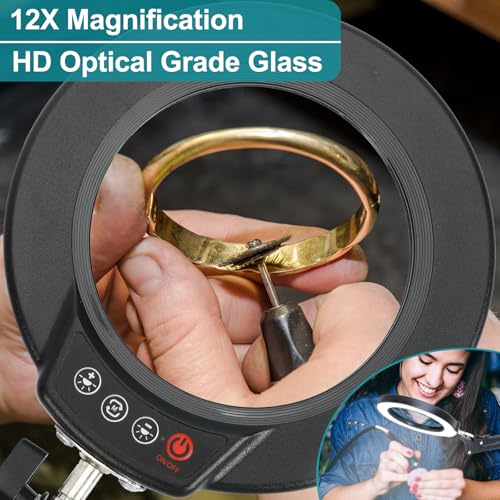 12X Magnifying Glass with Light & Stand - Black, 17.8-inch Clamp & Base, Dimmable LED