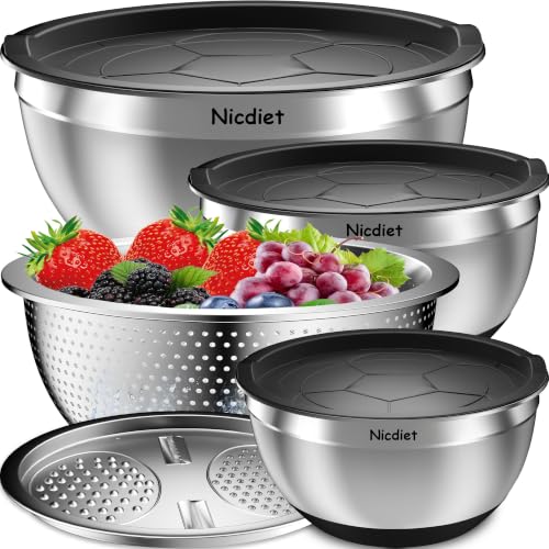 Nicdiet Black Stainless Steel Mixing Bowls with Airtight Lids Set - 3 Sizes, Nesting Kitchen Set with Colander & Grater, Non-Slip Bottoms, 1.5/2.5/5 QT