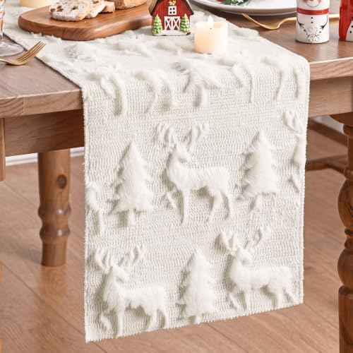 Cream White Christmas Faux Fur Tree Elk Table Runner 13x72 Inch - Windkream Snowy Holiday Decor
