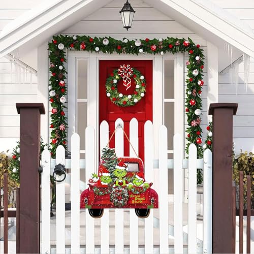 Bpwasxda Christmas Door Sign Green Truck Wreath, Wooden Wall Hanging, Front Door Decor 12.6 x 11.8 in