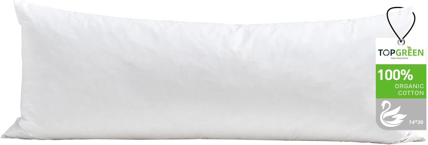 TOPGREEN Lumbar Pillow Insert - 100% Organic Cotton Shell, 14x36 Size, Perfect for Sofa or Bed (White)