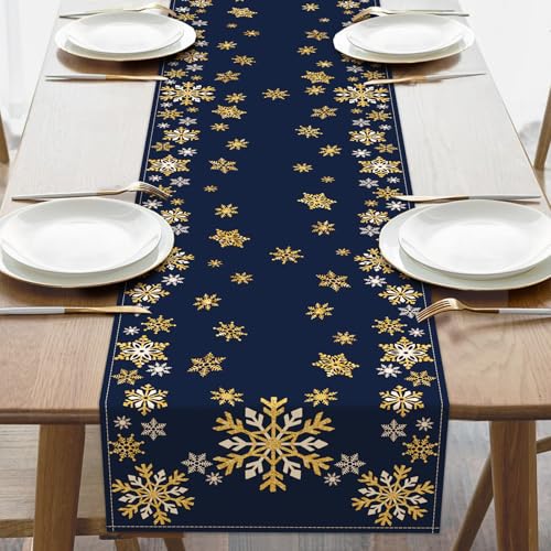 Winter Gold Snowflake Table Runner 13"x72" Dark Blue – Croar Gold Snowflake / Table Runner