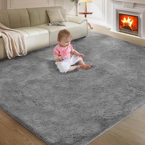 Fairblink 5x8 Grey Ultra Soft Shag Area Rug for Living Room & Bedroom
