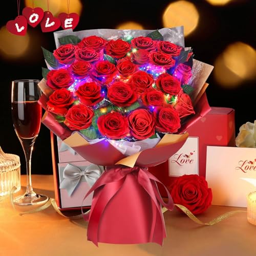 Preserved Red Roses Bouquet - 24 Long-Lasting Romantic Flowers - Ideal Anniversary & Gift for Women, Wife, Girlfriend