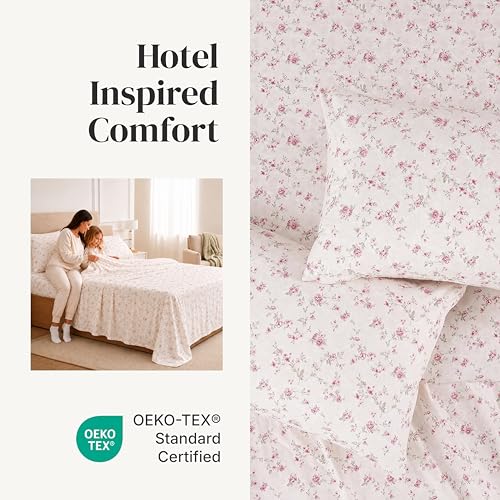 Queen Microfiber Bed Sheets Set - Floral Rose Pattern, Wrinkle-Free, Deep Pockets