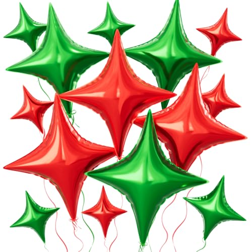 Red and Green Star Balloons Set - 14pcs Foil Balloons for Christmas & Birthday Decorations
