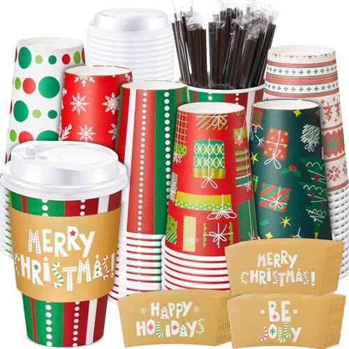 Sunnychicc 60 Sets Christmas Disposable Coffee Cups with Lids, 16 oz, Holiday Party Drinkware