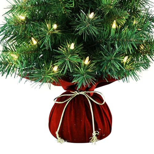 22 Inch Pre-Lit Artificial Christmas Tree with Warm White LEDs, Lush Branches & Red Velvet Base