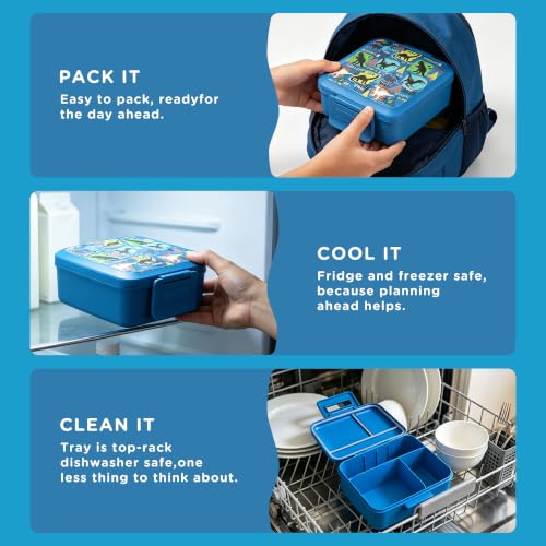 JXXM Dinosaur Blue Kids Bento Lunch Box Set with Thermo Food Jar & Leak-Proof Containers