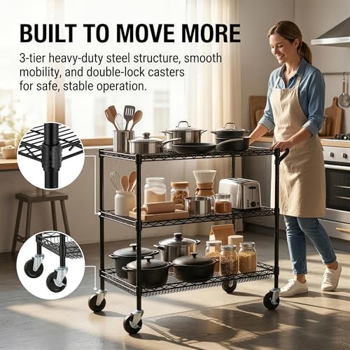 Heavy Duty 3-Tier Wire Utility Cart - 36"L x 24"W x 35.4"H, Black, NSF