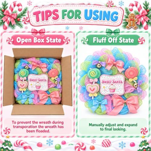 Pastel Candy Christmas Wreath with Lollipops and Bells - 15.7 Inch Holiday Door Decor