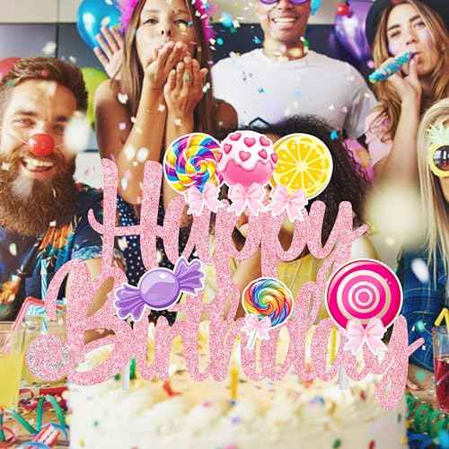 Candy Birthday Cake Topper Lollipop Birthday Party Supplies Pink Glitter Candyland Birthday Cake Decorations for Girl Candy Theme Baby Shower Birthday Party Supplies