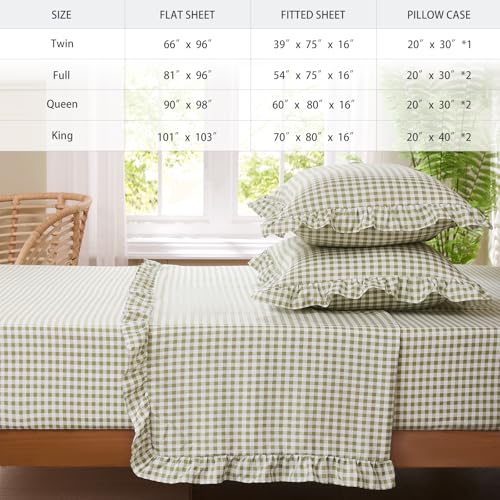 Kisswish Sage Green Gingham Queen Bed Sheet Set with Ruffle Edges, Microfiber, Deep Pocket