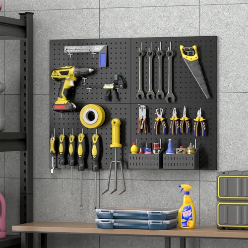 Peg Board Tool Organizer Set - 4 Panels 16x12 Inches with 70 Hooks - Black