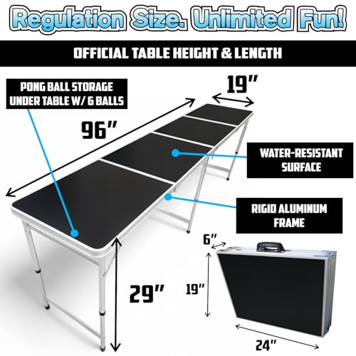 PARTYPONG 8-Foot Folding Table with Cup Holes & LED Lights - Black, Base Model
