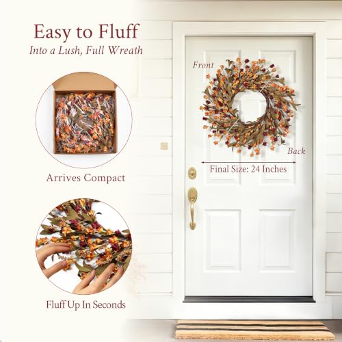 CHEAWRTZ 24in Fall Wreath with Handcrafted Paper Flowers - Deep Red & Orange