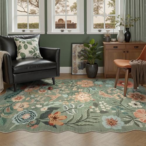 DCX 5x7 Sage Green Floral Washable Area Rug with Non-Slip Backing