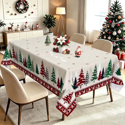 Christmas Tree Sled Elk Plaid Tablecloth 60x84in – Cotton-Linen Look, 84" x 60" Rectangular