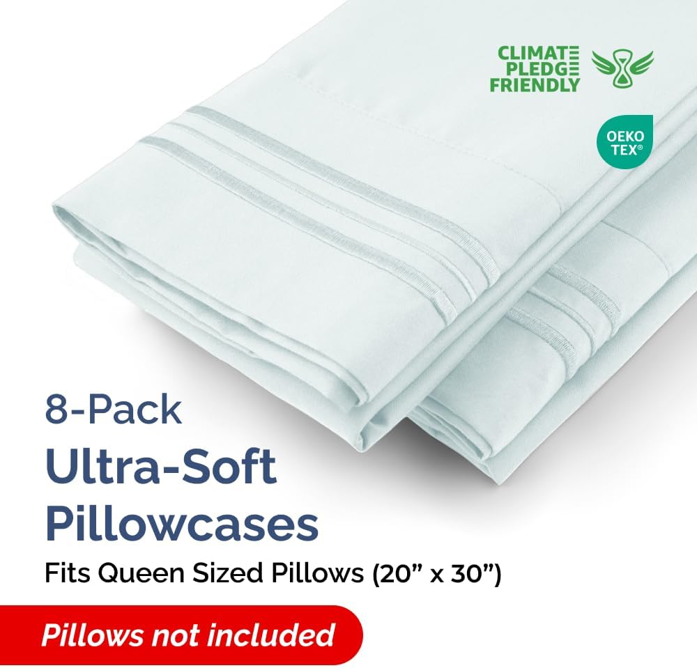 Skiennix Queen Pillow Cases Set of 8 - Ultra Soft Hotel Quality Covers - Wrinkle Free & Fade Resistant - Ice Blue