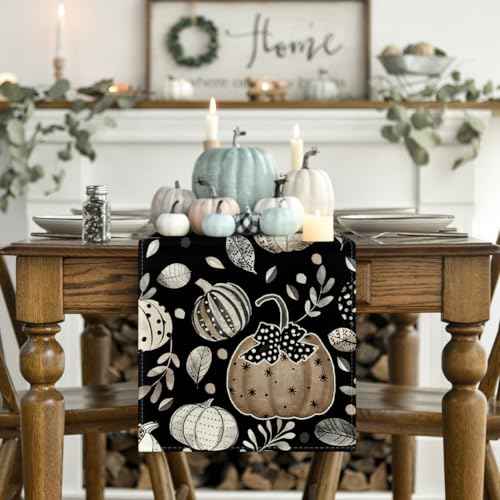 Artoid Mode Harvest Pumpkin Darkness Floral 210 GSM Fall Table Runner, Seasonal Autumn Kitchen Dining Table Decoration for Home Party Decor 13x120 Inch