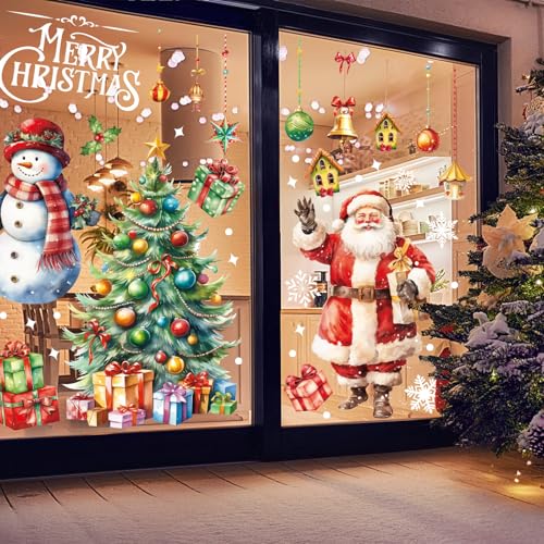 DERAYEE Christmas Window Clings 4 Sheets - Extra Large Double-Sided Santa, Snowman & Tree Decals