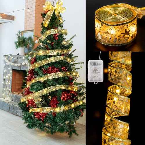 Christmas Tree Ribbon String Lights, 33FT 100 LED String Lights with Timer and 8 Lighting Modes for Christmas Tree Decoration, Fairy Lights Indoor String - Gold