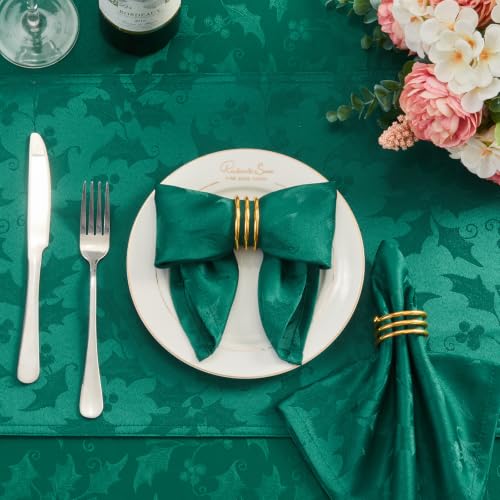 Dark Green holly berry motifs Jacquard 17x17 Cloth Napkins Set of 8