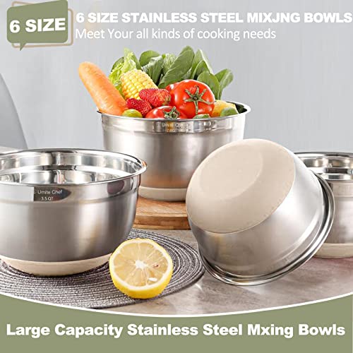 Umite Chef 6-Piece Stainless Steel Mixing Bowls with Airtight Lids, Khaki, 1.5-7 Qt