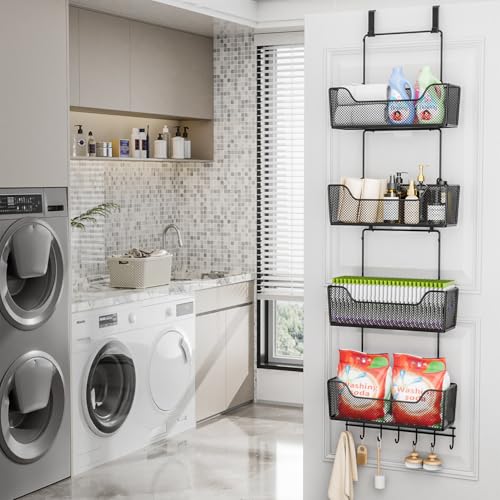 HapiRm Black Over The Door Organizer with 4 Large Metal Baskets & Adjustable Hooks