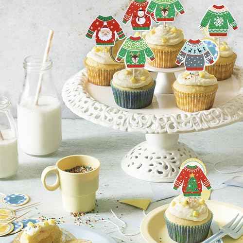 Rsstarxi 36 Pack Ugly Sweater Cupcake Toppers Deer Santa Claus Christmas Cupcake Picks Decoration Ugly Sweater Party Cake Decorations for Merry Christmas Xmas Party Decorations