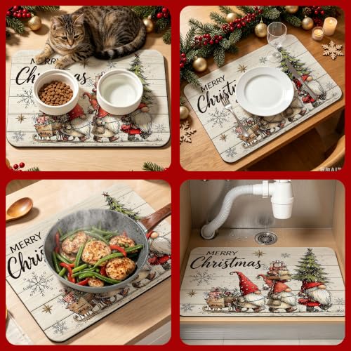 Absorbent Gnome Christmas Dish Drying Mat – Cuttable Countertop Drainer, 15.7x23.6 in, with Non-Slip Backing (Gnome Variant)