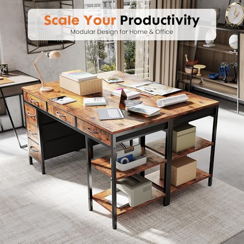 OLIXIS Rustic Brown 55 Inch Computer Desk with 6 Fabric Drawers for Home Office & Gaming
