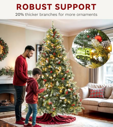DWVO 9ft Pre-Lit Christmas Tree with Pine Cones & Red Berries, 2058 Tips, 900 Lights, Green with Pine Cone & 8ft 11in Variation