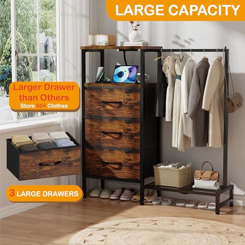 Bedroom Dresser with Hanging Rack and Charging Station - Brown