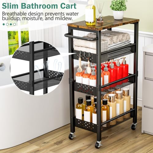 Vivihomety 4-Tier Metal & Wood Slim Rolling Laundry Cart - Black, 8.1 Inch Wide