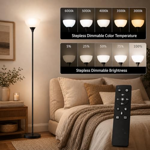 PESRAE Matte Black Foldable Floor Lamp with Remote Control & Stepless Dimming