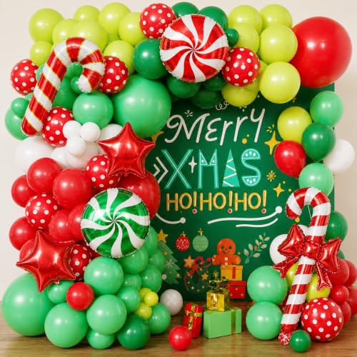 Jenlion 106Pcs Christmas Balloon Arch Kit with Large Mylar Foils - Light Green, Red, Dark Green