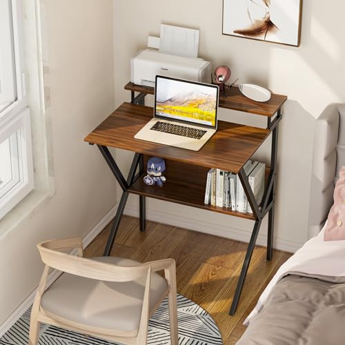 ODK 27.5 Inch Small Desk with Storage & Monitor Stand, Deep Brown