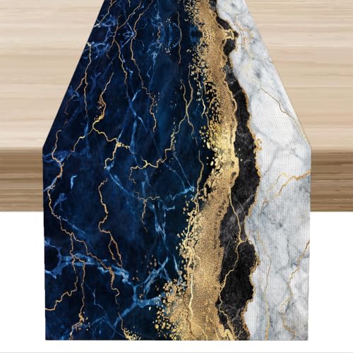 DKMQQUL Marble Table Runner 13x36 Inch Navy Blue Gold Abstract Art