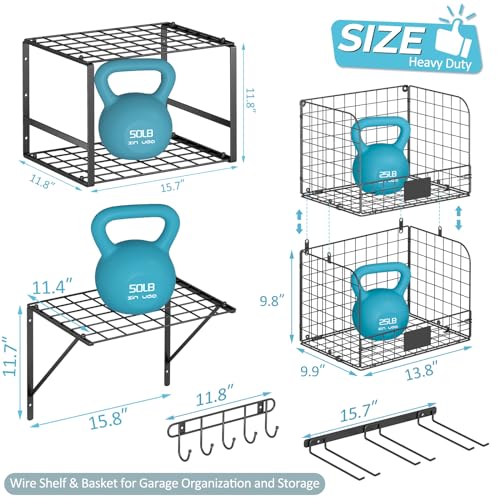 Heavy Duty Wall Mounted Garage Shelf with Wire Baskets & Tool Storage