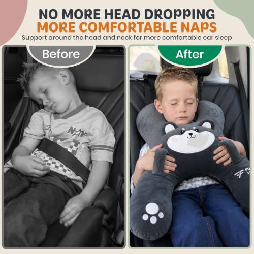 Kids Car Sleeping Pillow Roxy the Dog H-Shaped Neck & Back Support Grey
