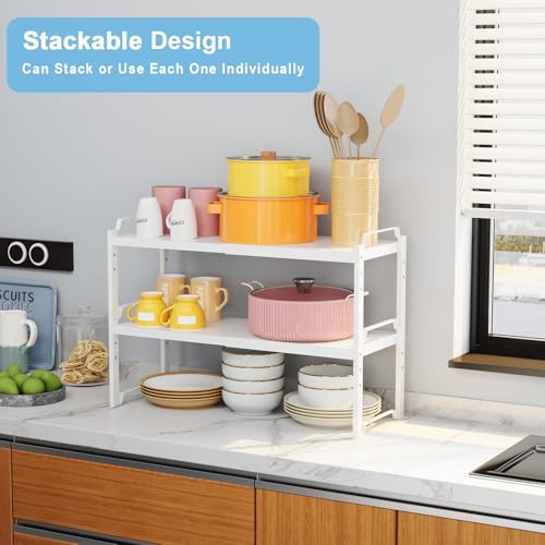 White 2-Pack Expandable Kitchen Cabinet Shelves Organizer, Adjustable & Stackable Storage Rack