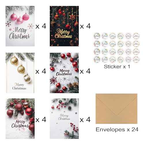 24Pack Christmas Greeting Cards with Envelopes & Stickers, Merry Christmas Cards Bulk, 5x7in Assorted Holiday Cards, Holiday Party Favors for Loved Ones, Friends and Family, 6 Designs - C